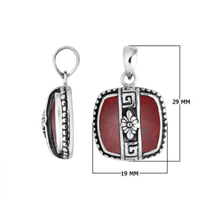 Handcrafted 925 Sterling Silver Red Coral Square Pendant featuring detailed Balinese floral motifs, high-polished surface, and artistic silver design for wholesale jewelry buyers.