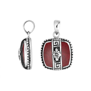 Handcrafted 925 Sterling Silver Red Coral Square Pendant featuring detailed Balinese floral motifs, high-polished surface, and artistic silver design for wholesale jewelry buyers.