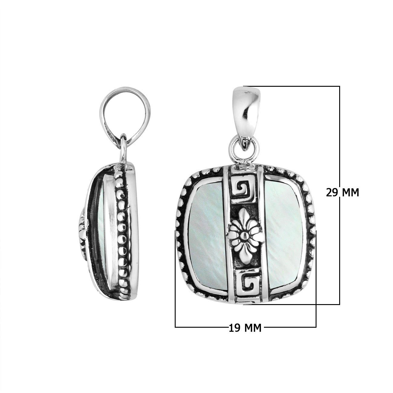 Beautifully handcrafted 925 Sterling Silver Mother Of Pearl square pendant with floral Balinese detailing, mirror-polished finish, and elegant silver artistry for wholesale jewelry collections.