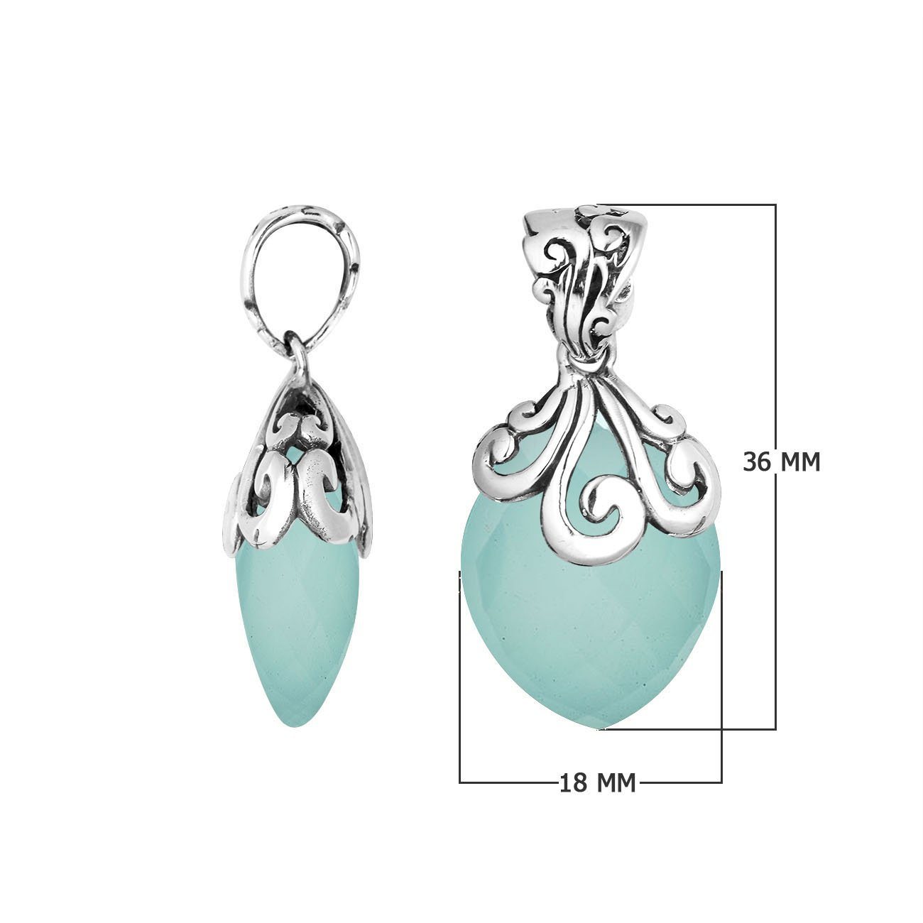 Handcrafted 925 Sterling Silver Green Chalcedony Quartz marquise pendant featuring elegant swirl filigree detailing, mirror-polished finish, and artistic Balinese craftsmanship for wholesale jewelry collections.