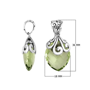 Handcrafted 925 Sterling Silver Green Amethyst Quartz marquise pendant with swirl filigree detailing, mirror-polished finish, and classic Balinese design for wholesale jewelry collections.
