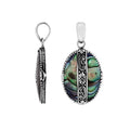 Handcrafted 925 Sterling Silver Abalone Shell oval pendant featuring detailed floral center design, high-gloss mirror finish, and Balinese-inspired craftsmanship for wholesale jewelry catalogs.