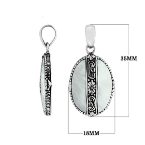Handcrafted 925 Sterling Silver Mother Of Pearl oval pendant featuring floral center detailing, high-gloss mirror-polished finish, and classic Balinese craftsmanship for wholesale jewelry.