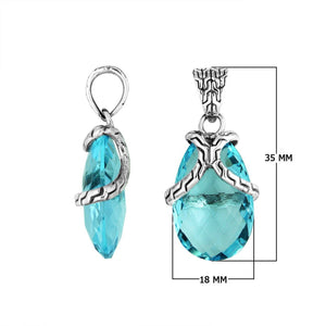 Handcrafted 925 Sterling Silver Blue Topaz Quartz pear pendant featuring a textured bail design, mirror-polished finish, and Balinese craftsmanship for wholesale jewelry buyers.