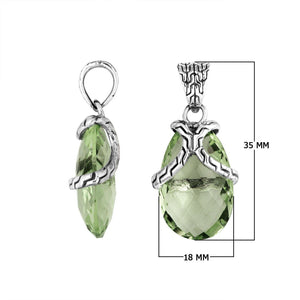Handcrafted 925 Sterling Silver Green Amethyst Quartz pear pendant featuring a textured bail design, mirror-polished surface, and Balinese-inspired craftsmanship for wholesale jewelry catalogs.