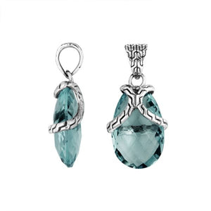 Handcrafted 925 Sterling Silver London Blue Topaz Quartz pear pendant featuring textured bail design, mirror-polished surface, and Balinese artistry for wholesale jewelry buyers.
