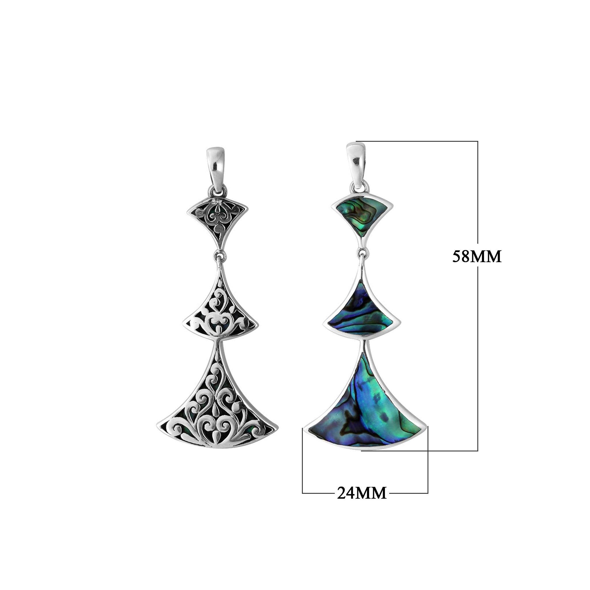 Handcrafted 925 Sterling Silver Abalone Shell multi-tier triangle pendant featuring ornate scroll pattern, mirror-polished finish, and Balinese design for wholesale jewelry collections.