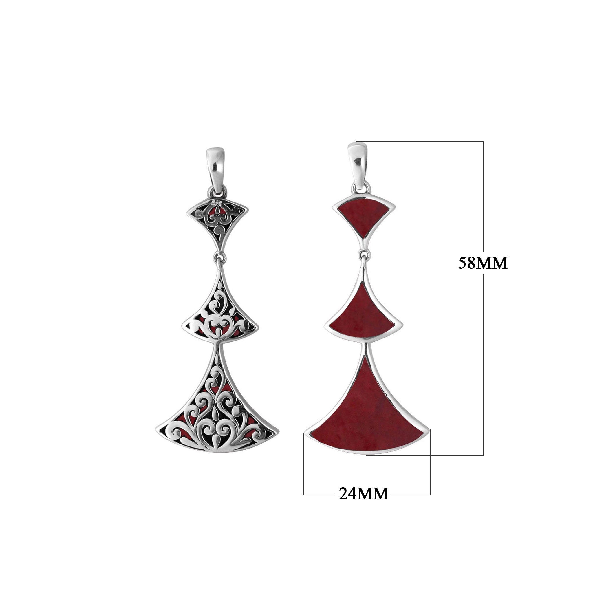 Handcrafted 925 Sterling Silver Red Coral pendant featuring multi-tier triangle design, ornate scroll pattern, and mirror-polished finish for elegant wholesale jewelry collections.