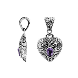 Sterling Silver Amethyst Quartz Heart Pendant With Balinese Scrollwork Pattern For Wholesale Jewelry Buyers