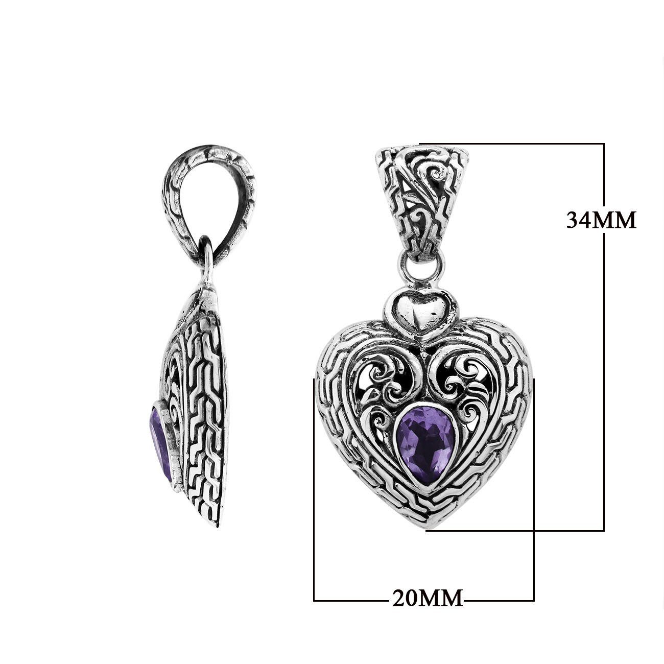 Sterling Silver Amethyst Quartz Heart Pendant With Balinese Scrollwork Pattern For Wholesale Jewelry Buyers