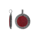 Sterling Silver Red Coral Round Pendant With Balinese Granulated Frame And Polished Finish For Wholesale Buyers