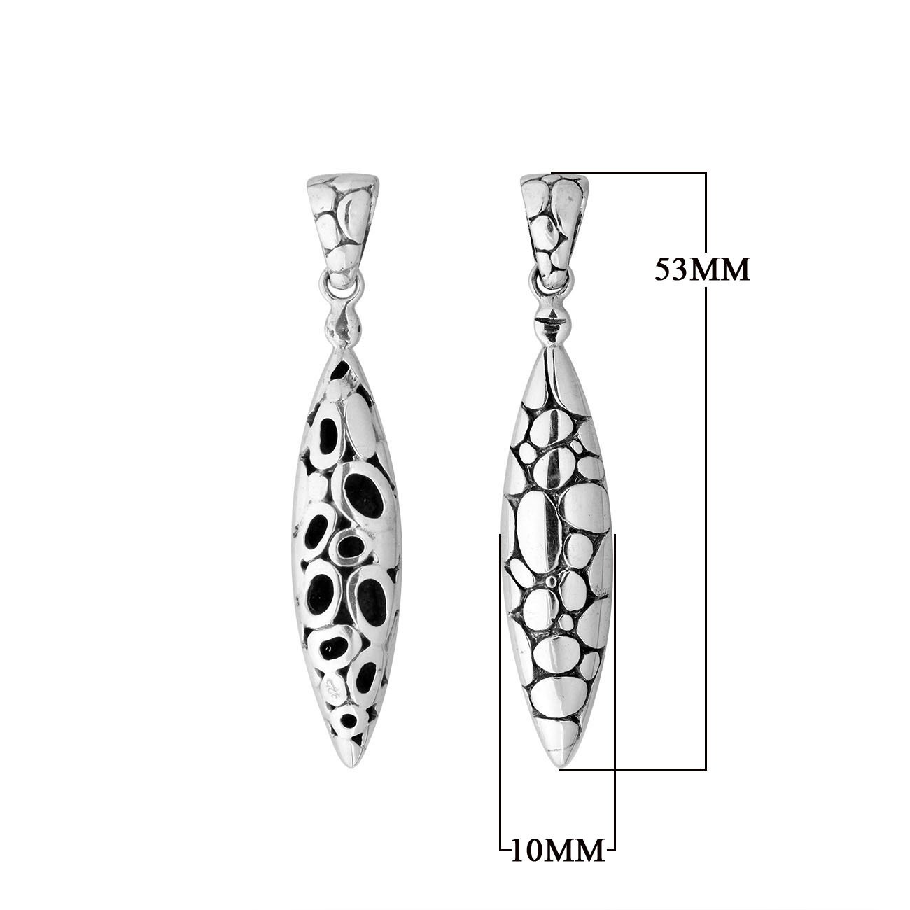 Sterling silver long teardrop pendant with pebble texture handcrafted in Balinese classic design