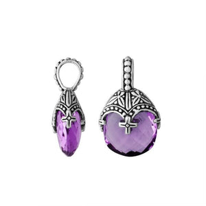 Sterling silver heart shape amethyst quartz pendant with ornate Balinese pattern handcrafted design