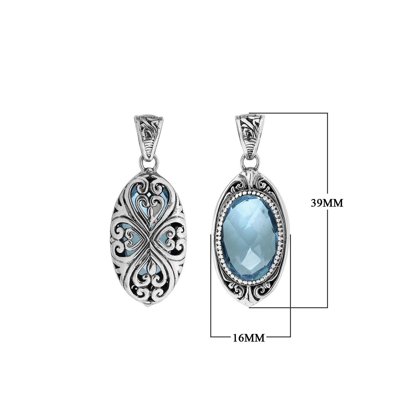 Sterling silver oval pendant with Blue Topaz Quartz and Balinese filigree handcrafted design