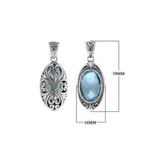 Sterling silver oval pendant with Blue Topaz Quartz and Balinese filigree handcrafted design