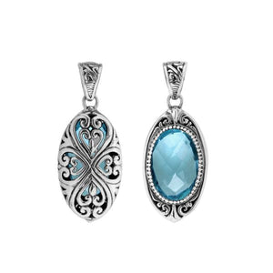 Sterling silver oval pendant with Blue Topaz Quartz and Balinese filigree handcrafted design