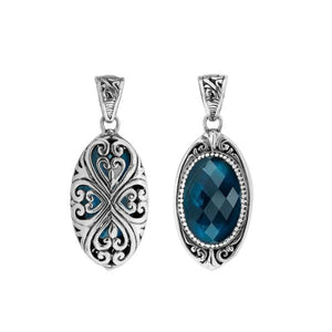 Sterling silver oval pendant with London Blue Topaz Quartz and Balinese filigree handcrafted design