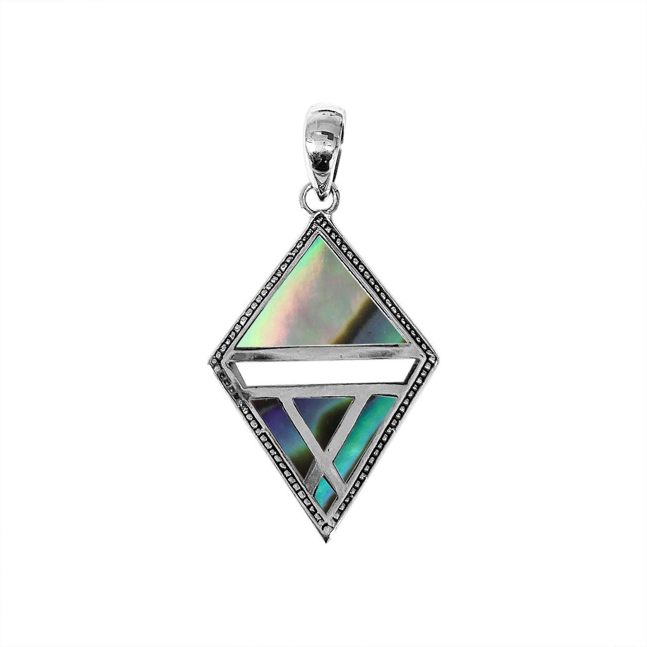 Sterling silver geometric diamond pendant with Abalone Shell handcrafted in modern Balinese design