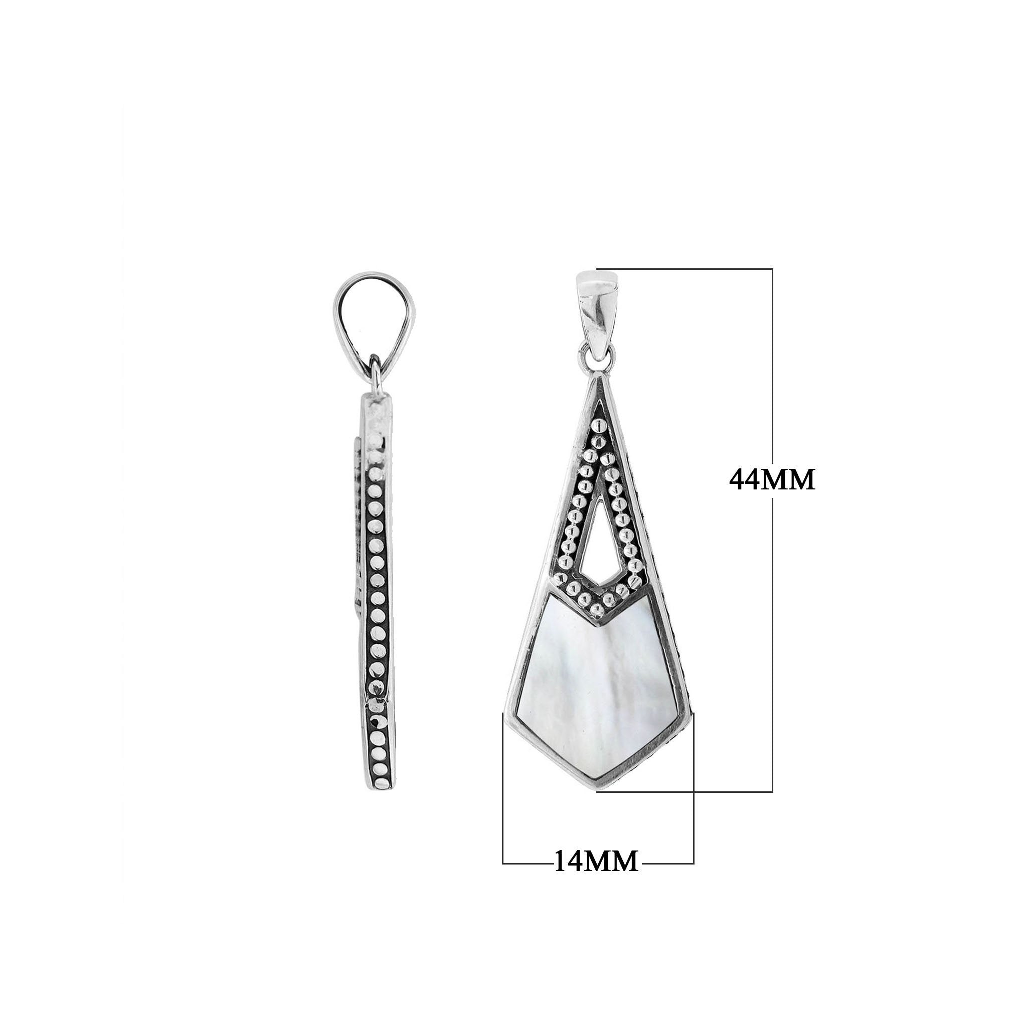 Sterling silver long geometric pendant with Mother Of Pearl handcrafted in modern Balinese design