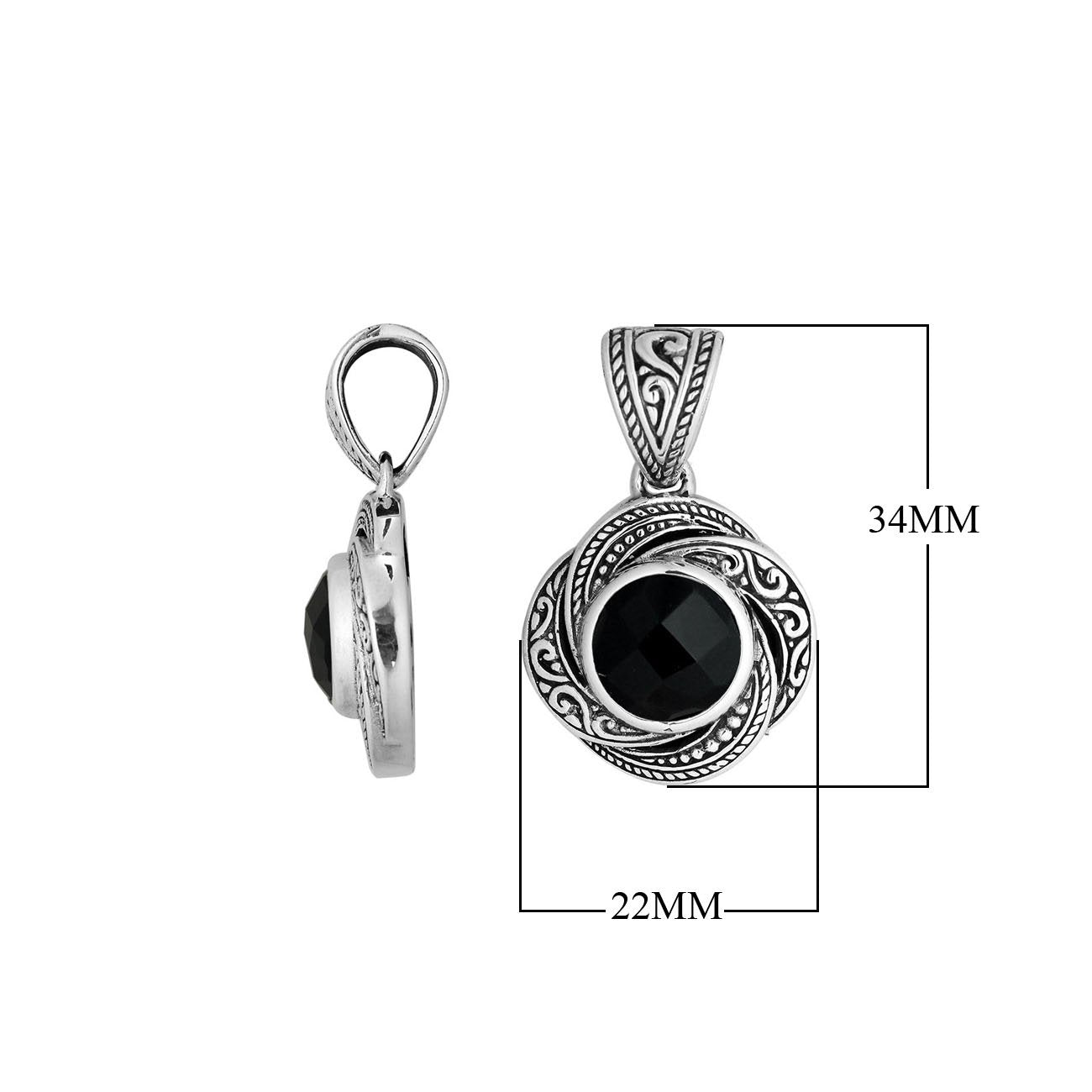A detailed sterling silver pendant showcasing a polished Black Onyx surrounded by intricate swirl filigree, reflecting the timeless precision of Balinese silver artistry.