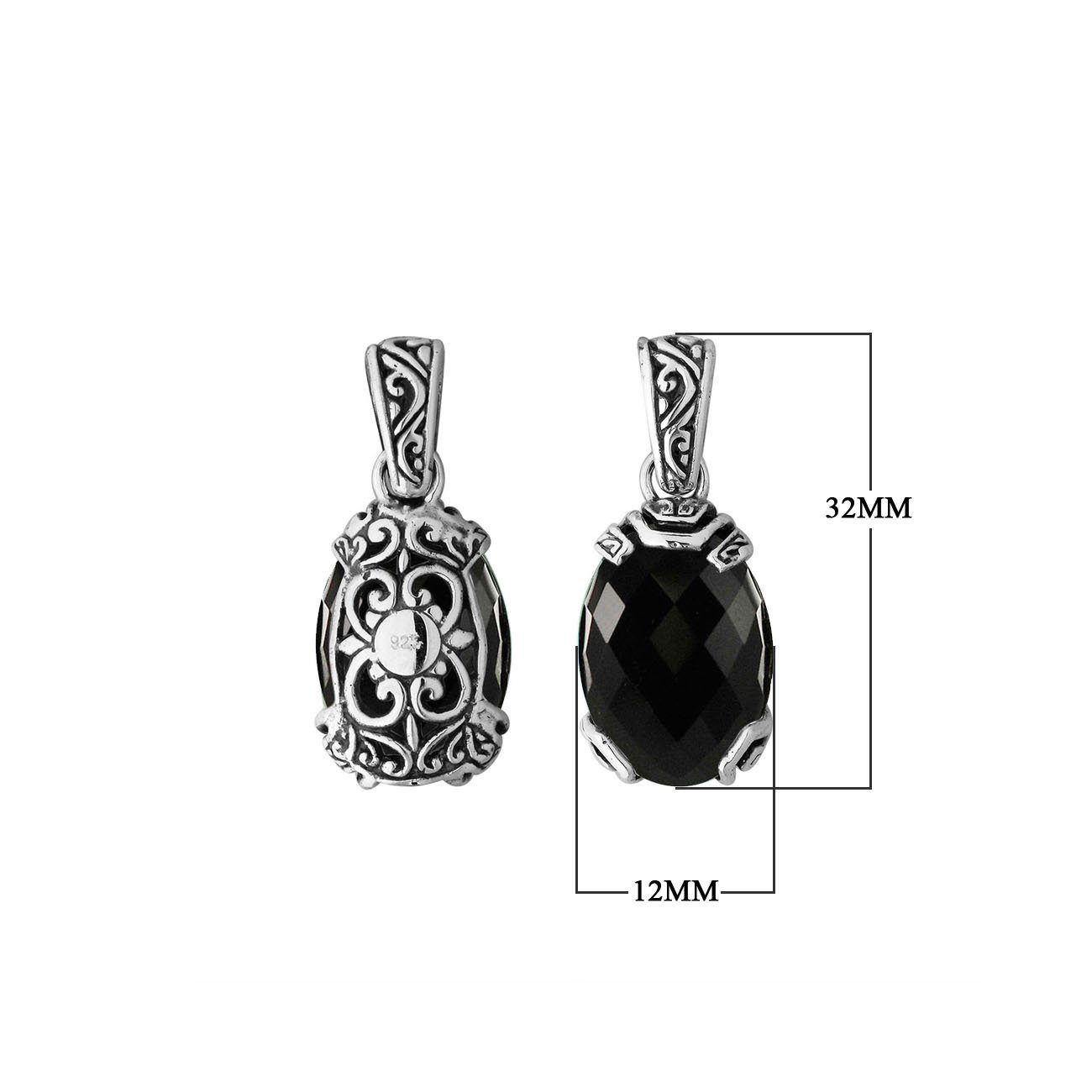 A handcrafted sterling silver pendant featuring a faceted Black Onyx stone framed in ornate Balinese filigree, showcasing detailed silver craftsmanship and elegance.