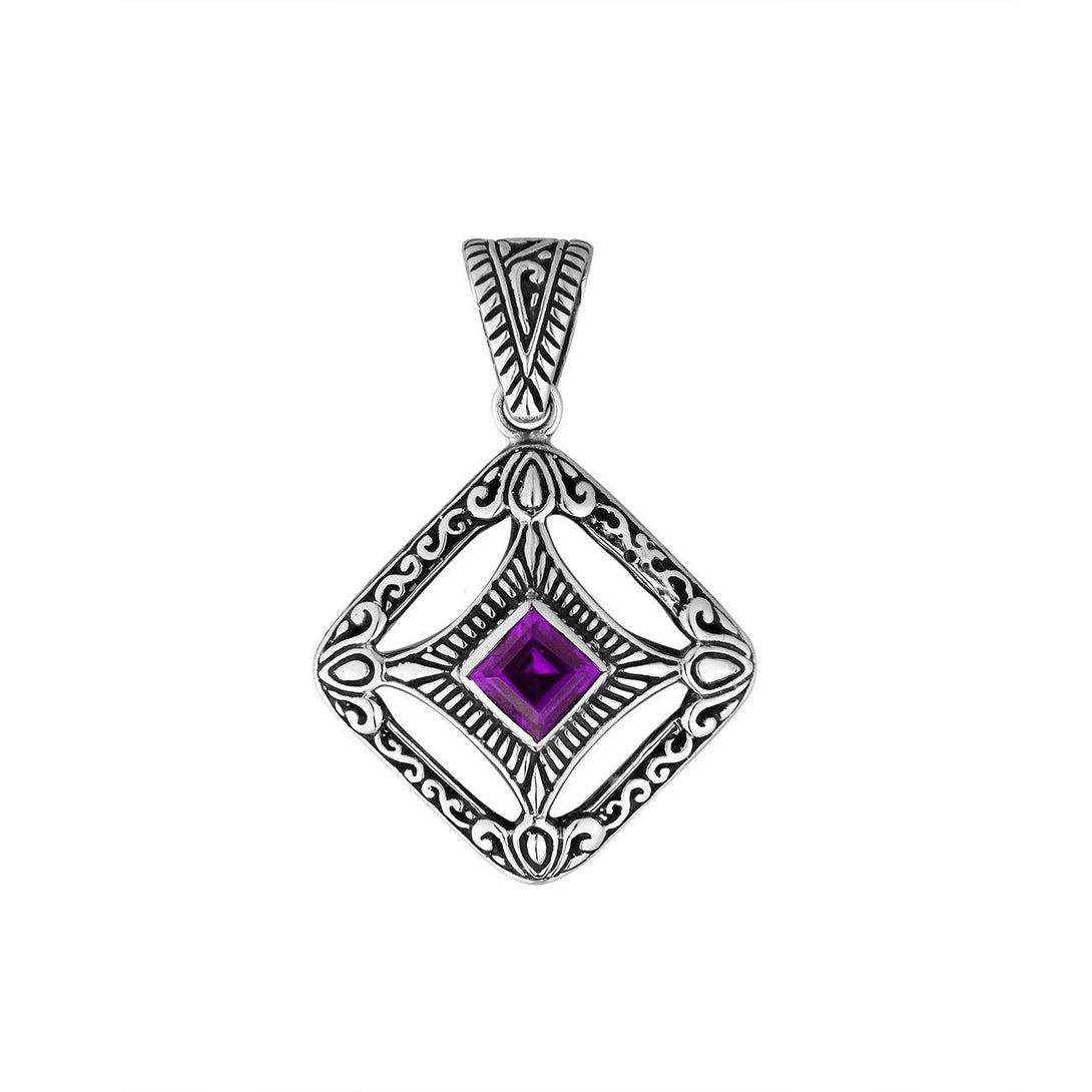 A handcrafted sterling silver pendant featuring vibrant Amethyst Quartz in an ornate square filigree frame, showcasing detailed Balinese silver artistry.