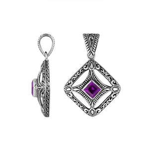 A handcrafted sterling silver pendant featuring vibrant Amethyst Quartz in an ornate square filigree frame, showcasing detailed Balinese silver artistry.