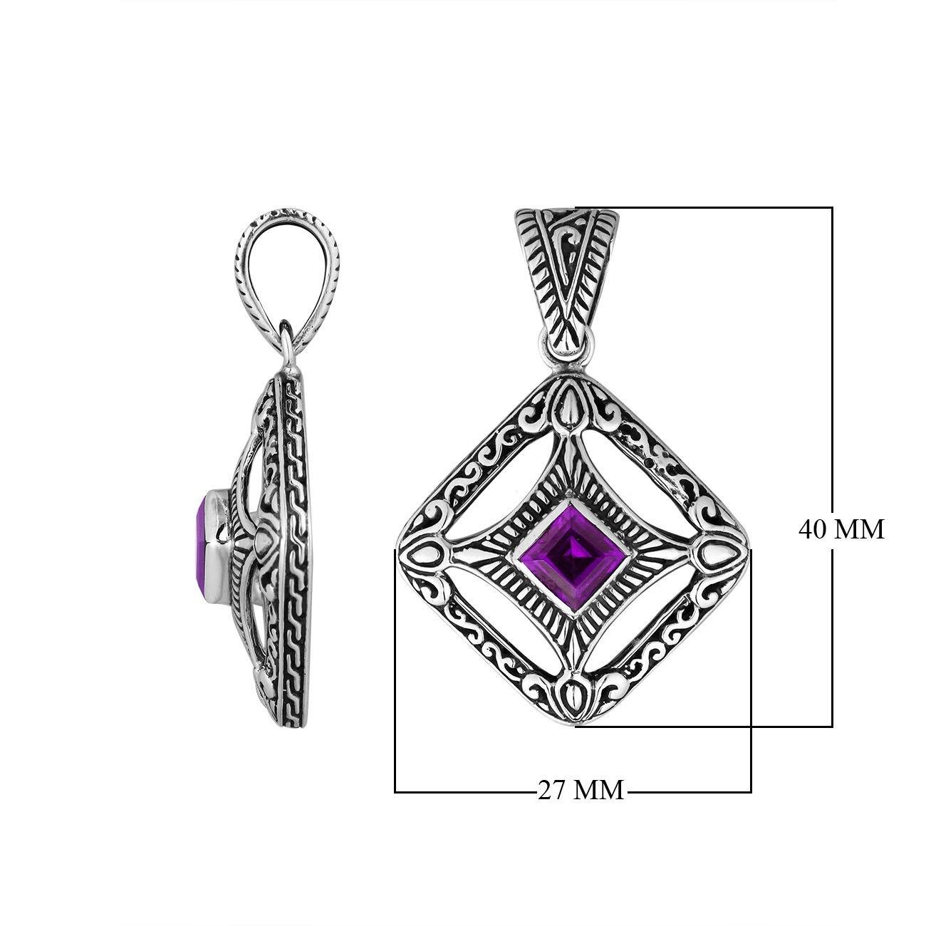 A handcrafted sterling silver pendant featuring vibrant Amethyst Quartz in an ornate square filigree frame, showcasing detailed Balinese silver artistry.