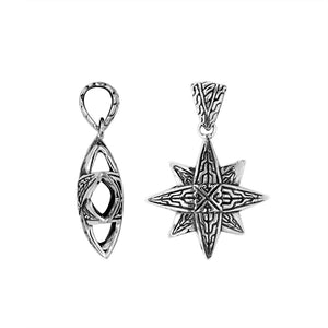A handcrafted sterling silver compass star pendant featuring detailed Balinese tribal engraving and polished silver craftsmanship.