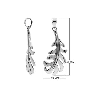 A handcrafted sterling silver feather pendant featuring a flowing leaf design with a mirror-polished finish and smooth texture.