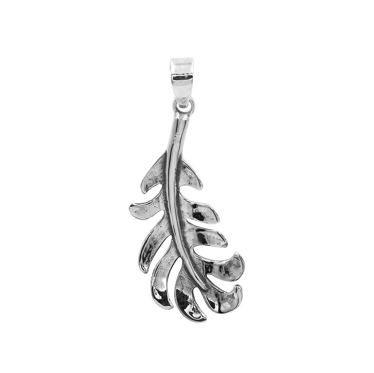 A handcrafted sterling silver feather pendant featuring a flowing leaf design with a mirror-polished finish and smooth texture.