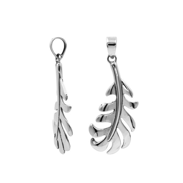 A handcrafted sterling silver feather pendant featuring a flowing leaf design with a mirror-polished finish and smooth texture.