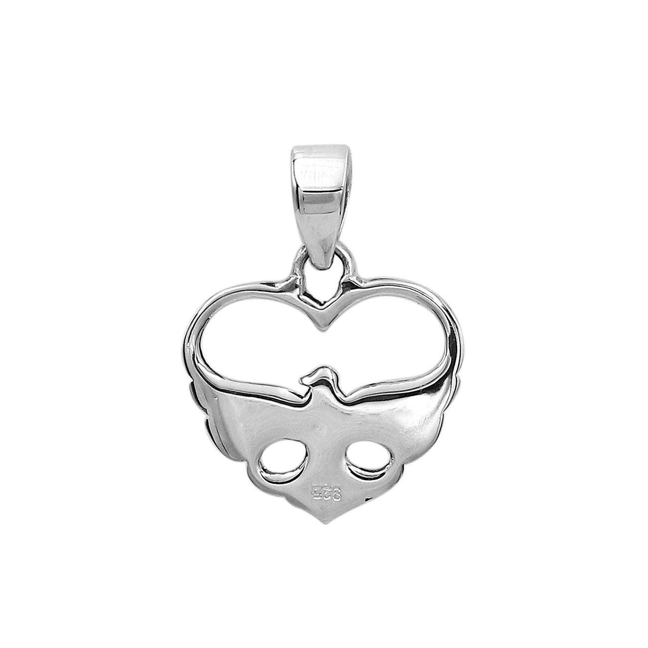 A handcrafted sterling silver heart and dove pendant featuring a minimalist design and a mirror-polished finish with Balinese artistry.