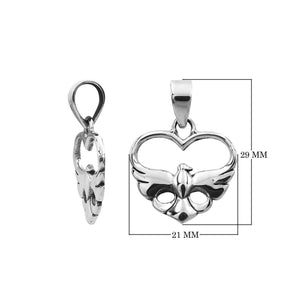 A handcrafted sterling silver heart and dove pendant featuring a minimalist design and a mirror-polished finish with Balinese artistry.