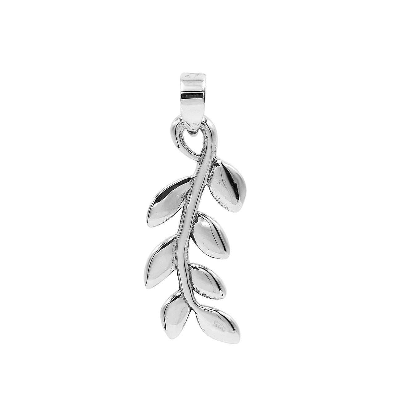 A handcrafted sterling silver leaf vine pendant featuring smooth organic detailing and a mirror-polished Balinese finish.