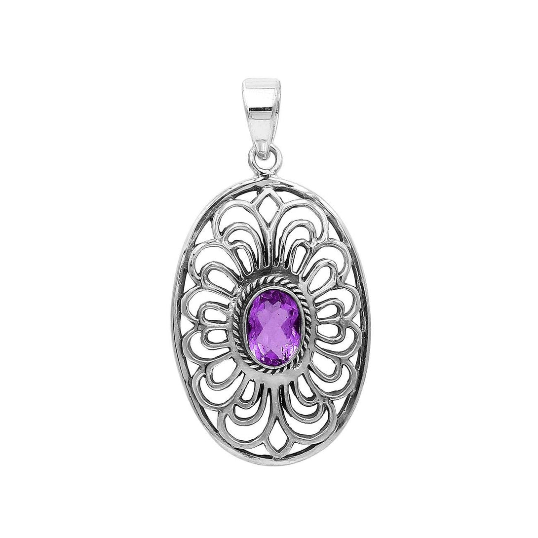 AP-6306-AM Sterling Silver Oval Shape Pendant With Amethyst Jewelry Bali Designs Inc 