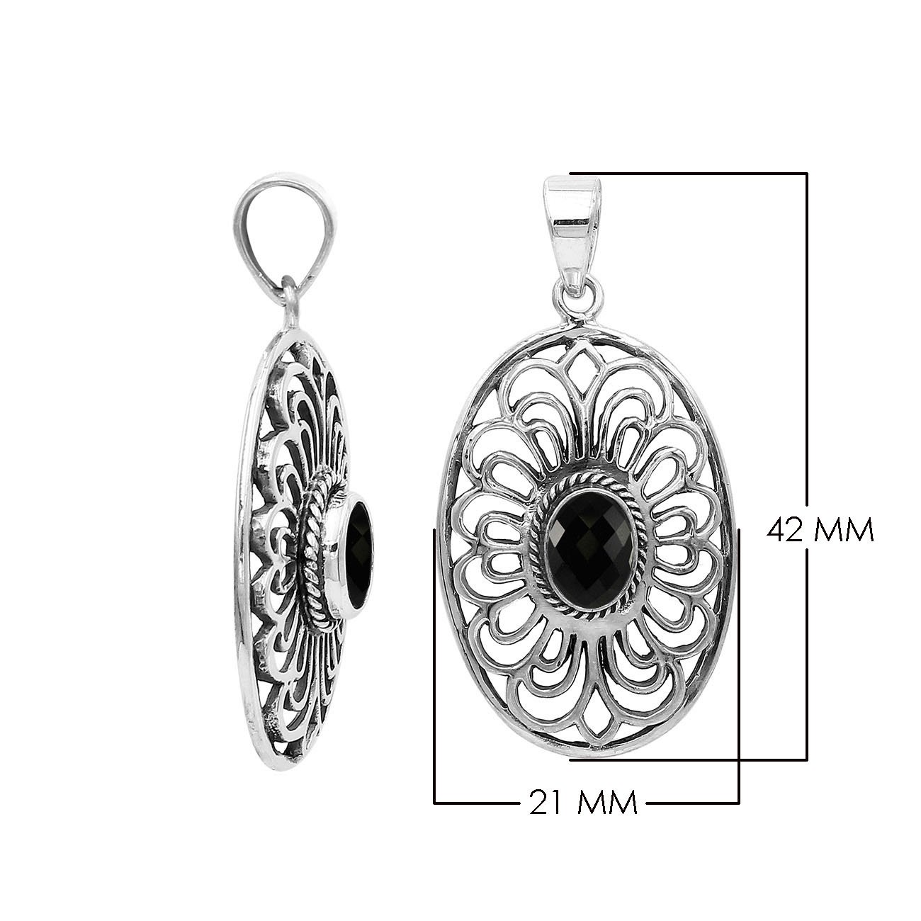 A handcrafted sterling silver pendant featuring a faceted Black Onyx in an elegant oval Balinese filigree frame.
