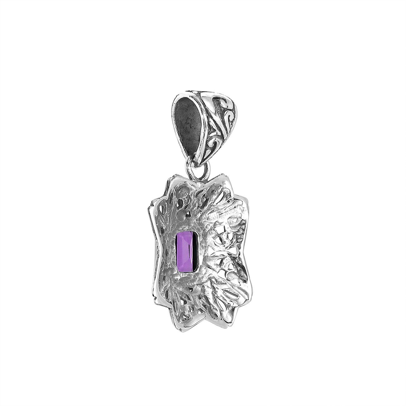 Handcrafted sterling silver rectangular pendant with Amethyst Quartz center and traditional Balinese motif design.