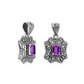 Handcrafted sterling silver rectangular pendant with Amethyst Quartz center and traditional Balinese motif design.