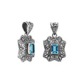 Sterling silver rectangular pendant with Blue Topaz Quartz and handcrafted Balinese filigree design.