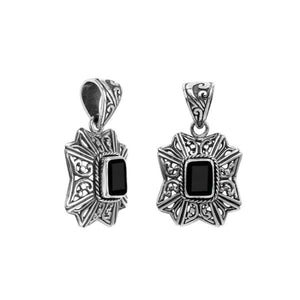 Sterling silver rectangular pendant with Black Onyx center and traditional filigree pattern handcrafted in detailed finish.