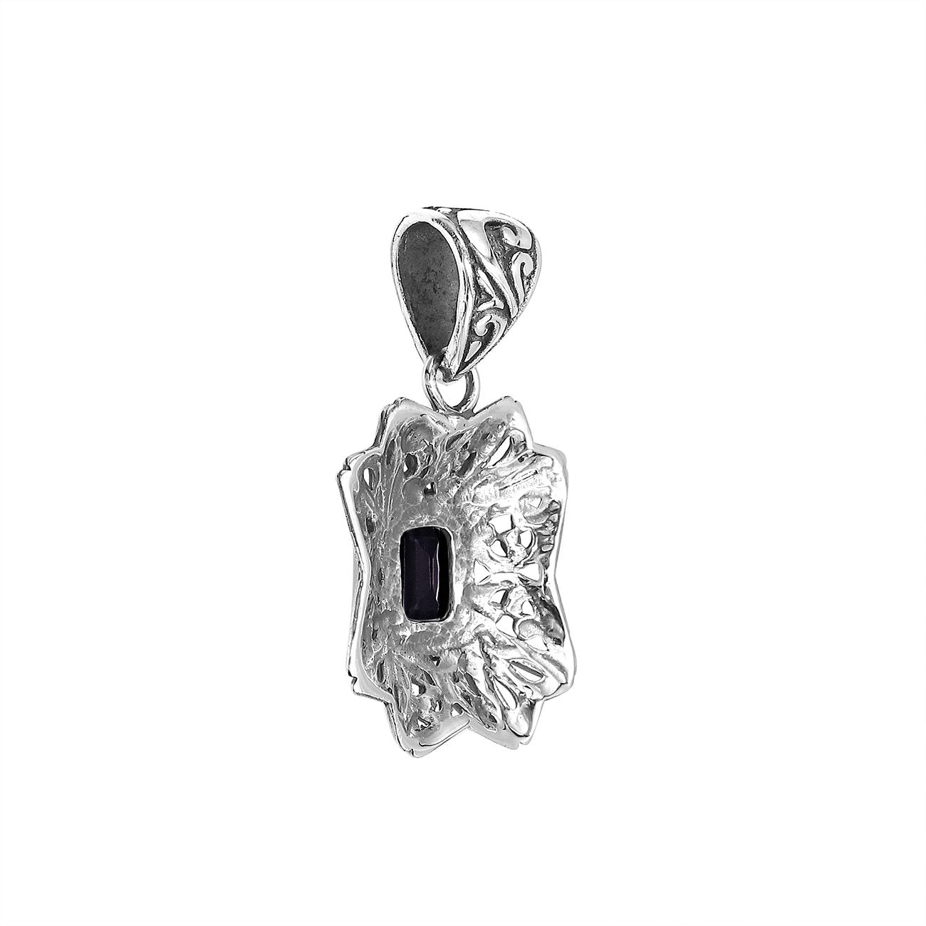 Sterling silver rectangular pendant with Black Onyx center and traditional filigree pattern handcrafted in detailed finish.