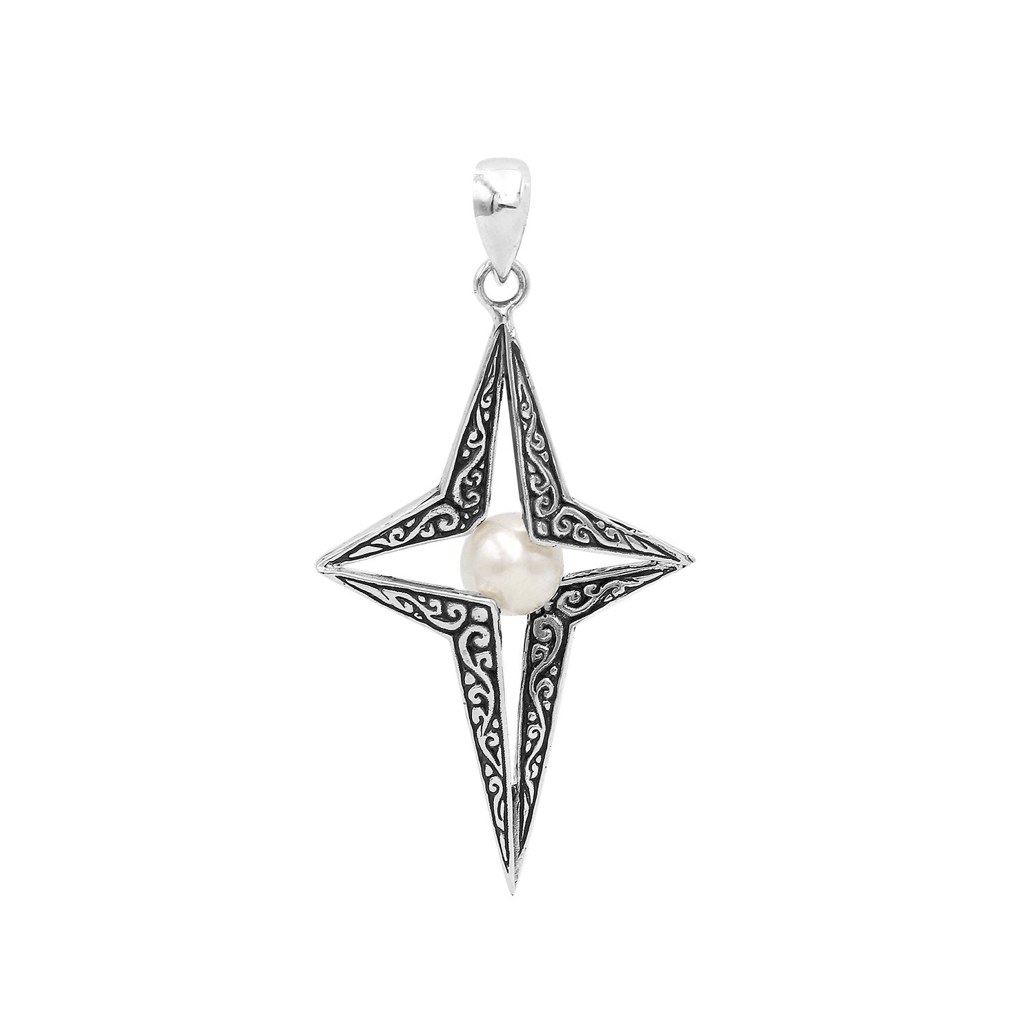 Sterling silver pendant featuring a four-point star design with White Pearl center and detailed filigree craftsmanship.
