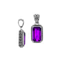 Sterling silver rectangular pendant featuring Amethyst Quartz with traditional Balinese beaded border and oxidized detailing.