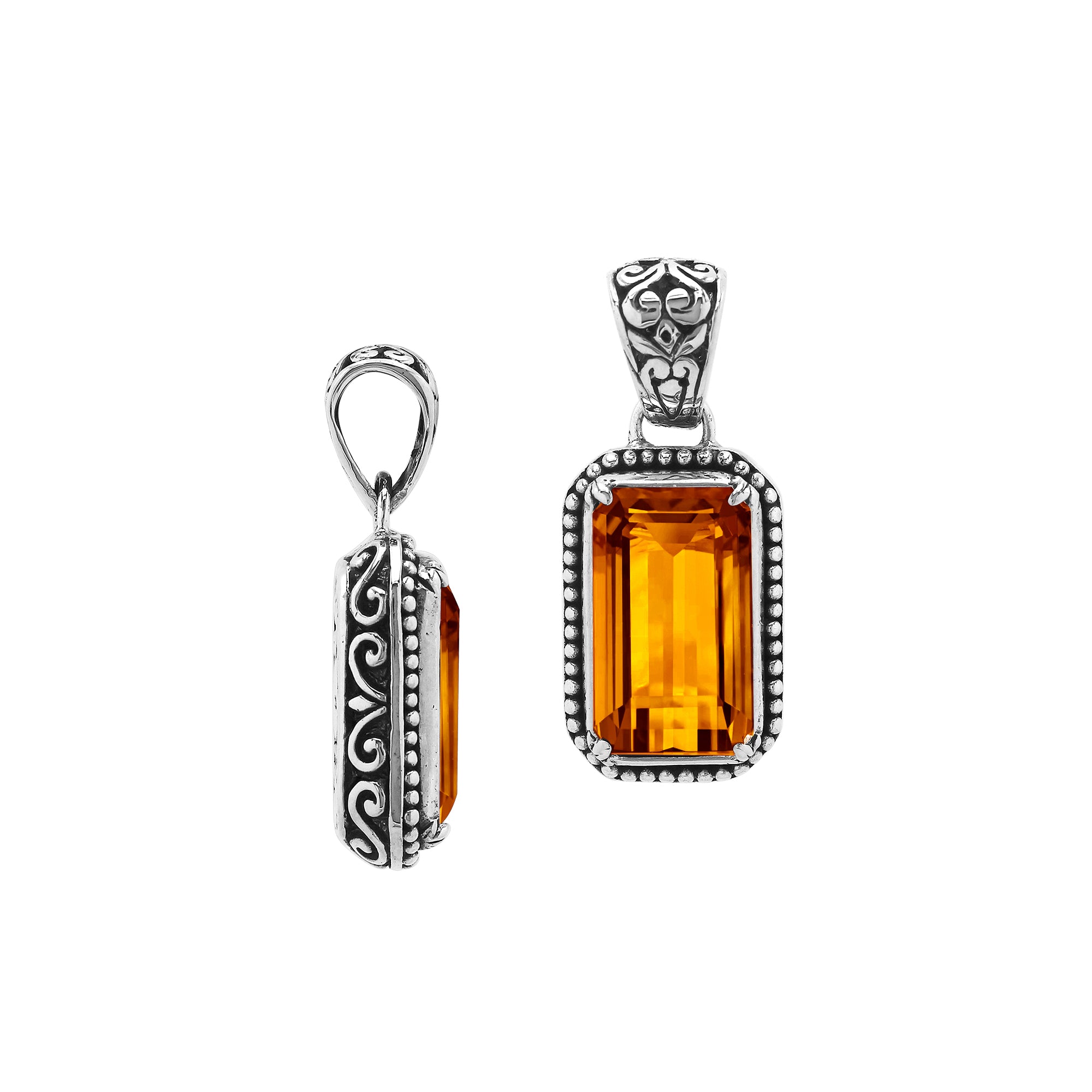 Sterling silver rectangular pendant with Citrine Quartz centerpiece and detailed Balinese beaded border craftsmanship.