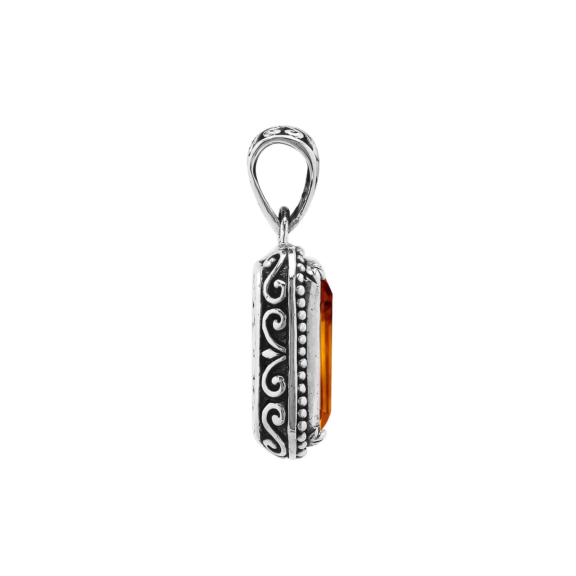 Sterling silver rectangular pendant with Citrine Quartz centerpiece and detailed Balinese beaded border craftsmanship.