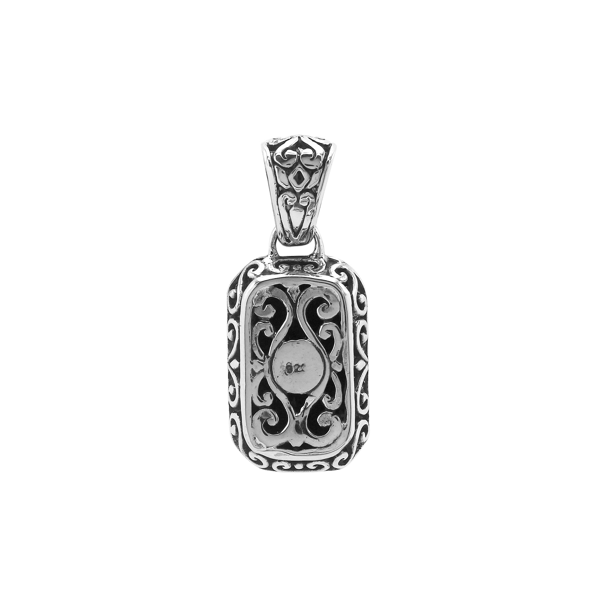 Sterling silver rectangular pendant featuring London Blue Topaz Quartz centerpiece with intricate beaded Balinese frame design.