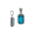 Sterling silver rectangular pendant featuring London Blue Topaz Quartz centerpiece with intricate beaded Balinese frame design.