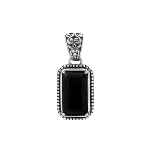 Sterling silver rectangular pendant featuring Black Onyx centerpiece with traditional Balinese beaded frame and oxidized detailing.
