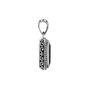 Sterling silver rectangular pendant featuring Black Onyx centerpiece with traditional Balinese beaded frame and oxidized detailing.